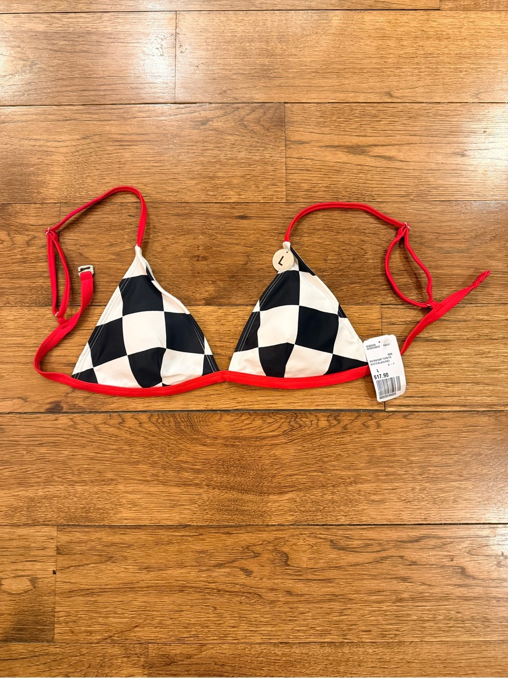NEW WITH TAGS Women's Black & White Check Triangle Bikini Top with Red Trim